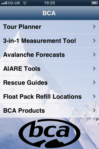 BCA avalanche app home page